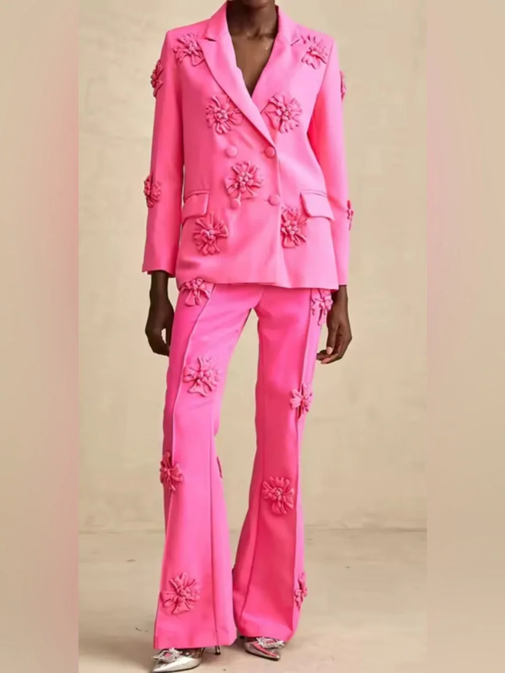 NEW $385 HIG END Mia Blanc Bright Pink Floral Double-Breasted Blazer Suit